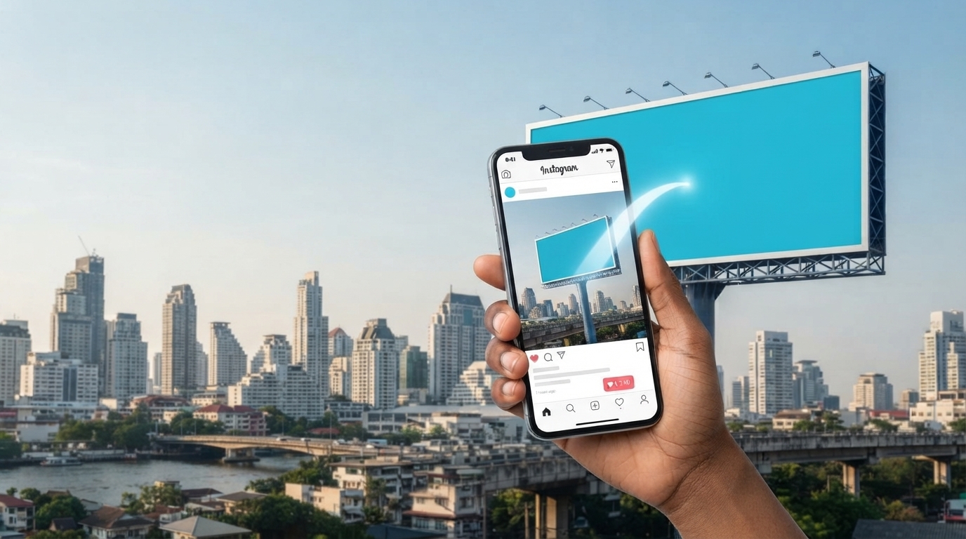 A hand holds a smartphone showing a social feed against an urban skyline and digital billboard.